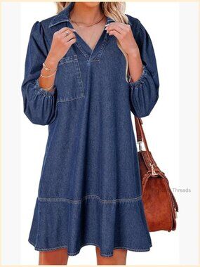 V Neck 3/4 Puff Sleeve Denim Dress Casual Babydoll Jean Dress
